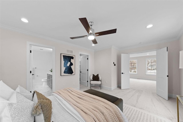 bedroom with recessed lighting, light colored carpet, visible vents, ornamental molding, and baseboards