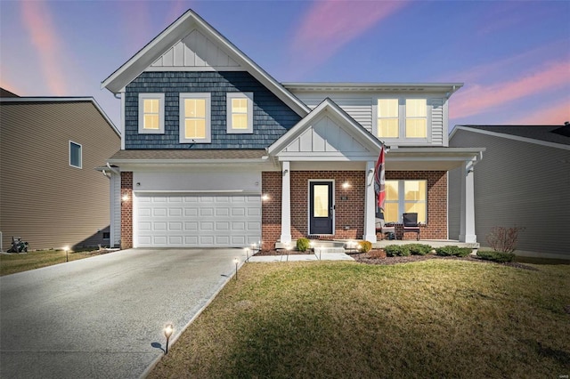 craftsman-style house with brick siding, board and batten siding, and an attached garage