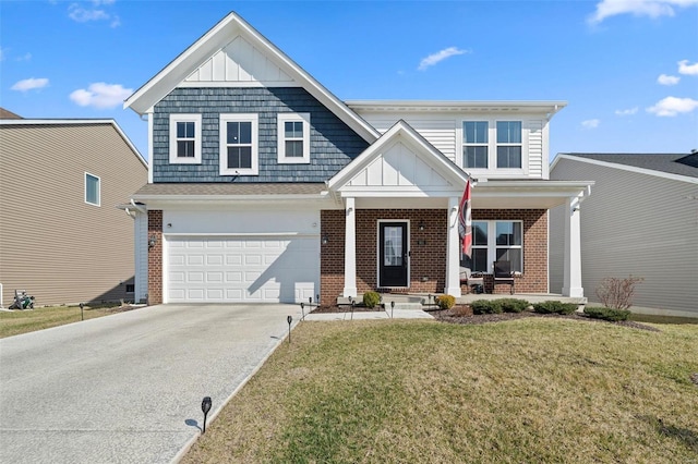 view of front of home with concrete driveway, a porch, and brick siding