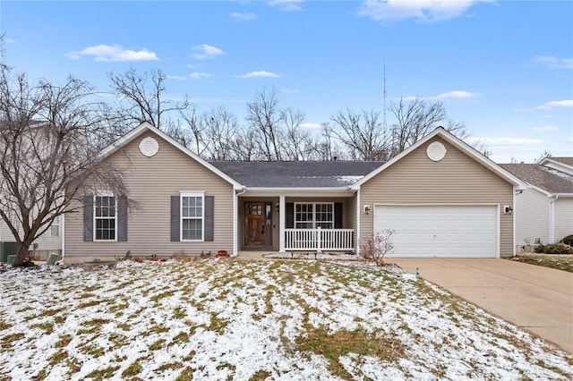 ranch-style home with concrete driveway, a porch, and an attached garage