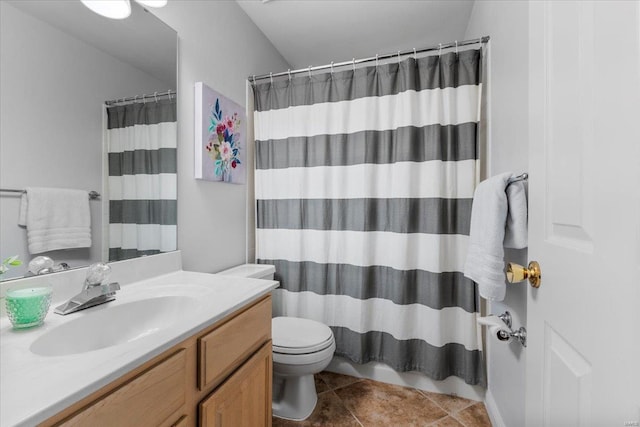 full bath with vanity, tile patterned floors, toilet, and a shower with curtain