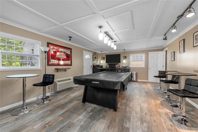 game room with rail lighting, baseboards, wood finished floors, and pool table