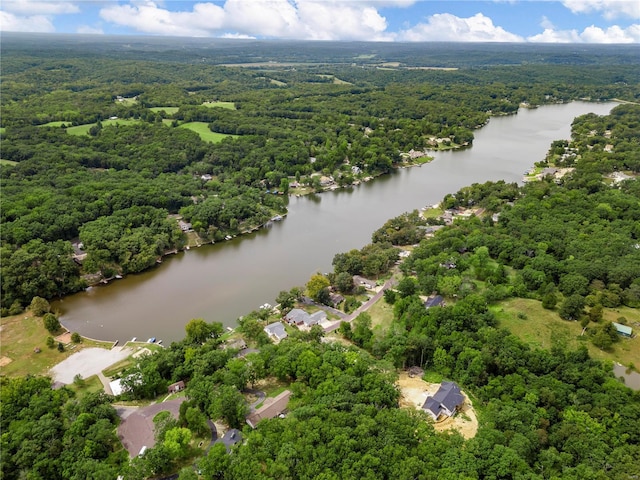aerial view featuring a water view and a wooded view