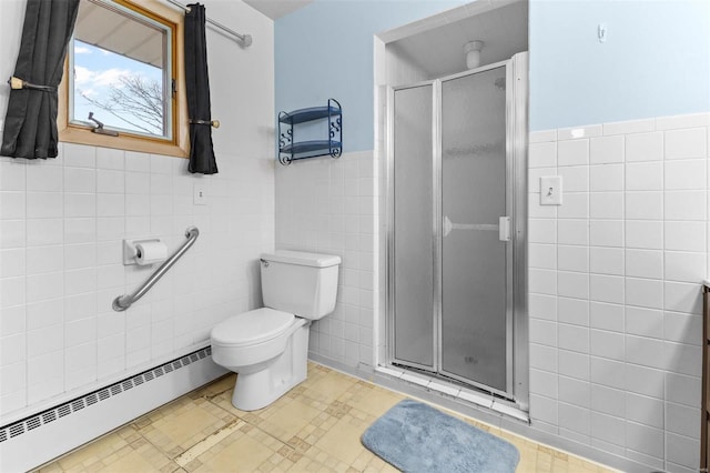 bathroom featuring tile walls, an enclosed shower, baseboard heating, and toilet