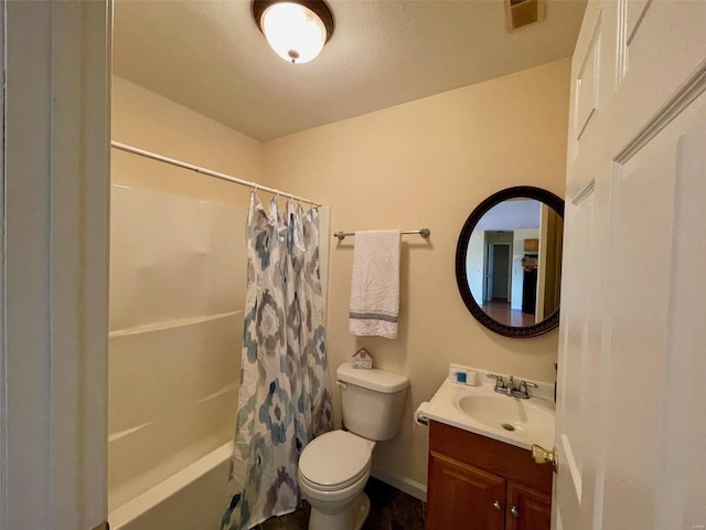 full bathroom with shower / bathtub combination with curtain, vanity, and toilet