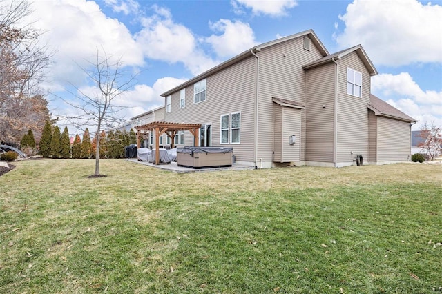 view of property exterior featuring a patio area, a lawn, a pergola, and a hot tub