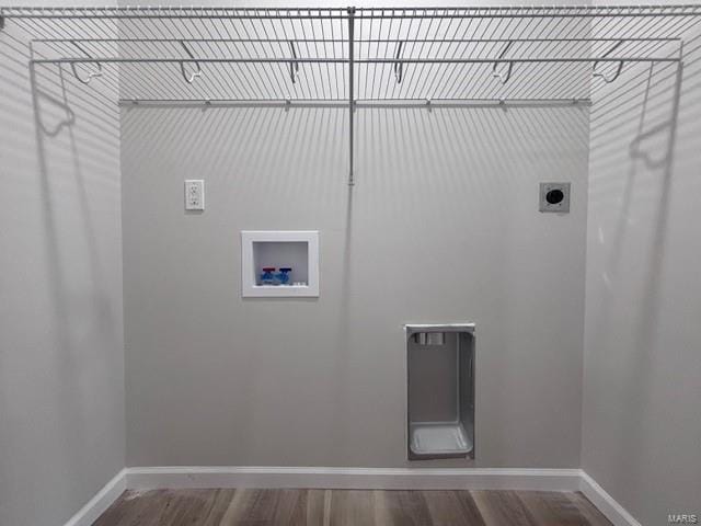 laundry room featuring electric dryer hookup, hookup for a washing machine, and wood-type flooring