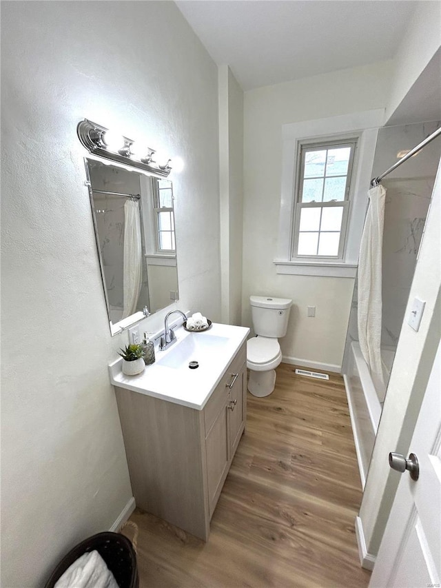 full bathroom with wood-type flooring, vanity, and a wealth of natural light