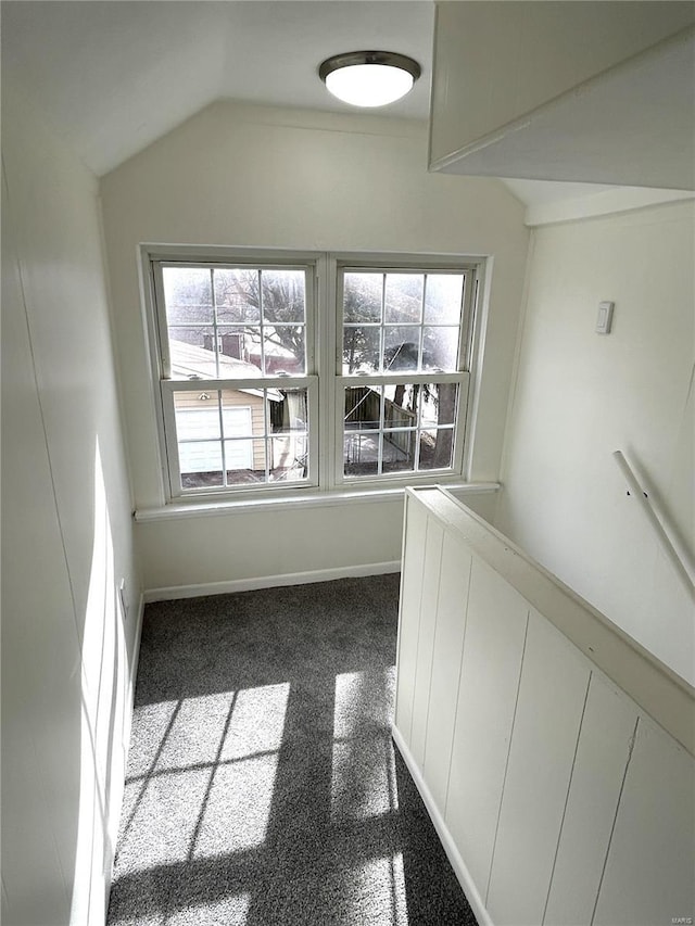 interior space featuring lofted ceiling and carpet