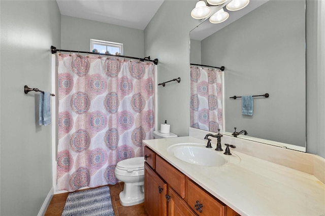 bathroom featuring toilet, a shower with curtain, tile patterned flooring, and vanity