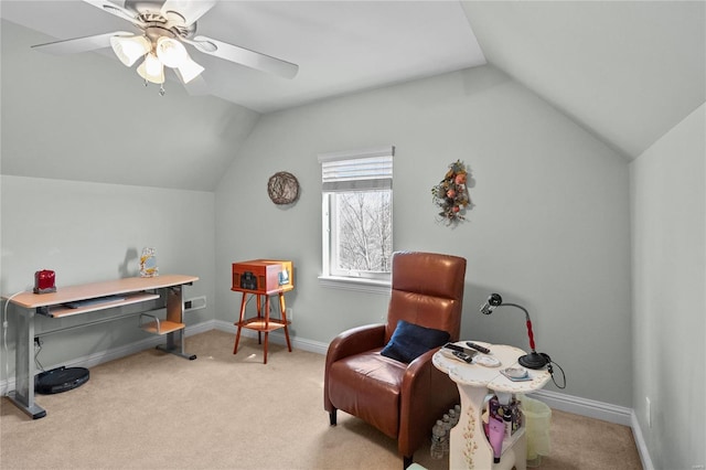 sitting room featuring ceiling fan, baseboards, vaulted ceiling, and carpet flooring