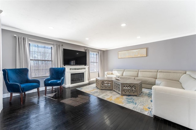 living room with hardwood / wood-style flooring, baseboards, and crown molding