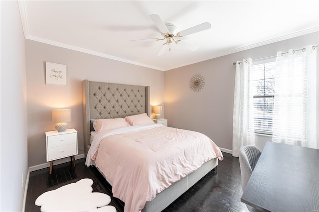 bedroom with baseboards, dark wood-style flooring, and ornamental molding