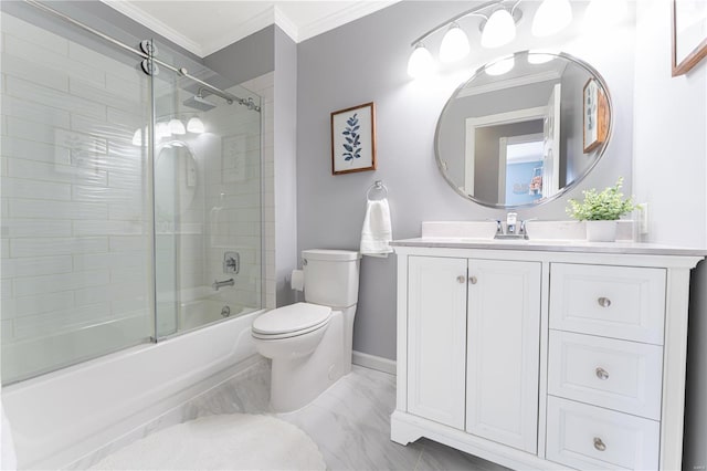 bathroom featuring toilet, marble finish floor, baseboards, and crown molding