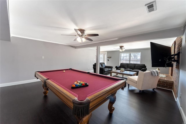 rec room featuring pool table, visible vents, ceiling fan, wood finished floors, and baseboards