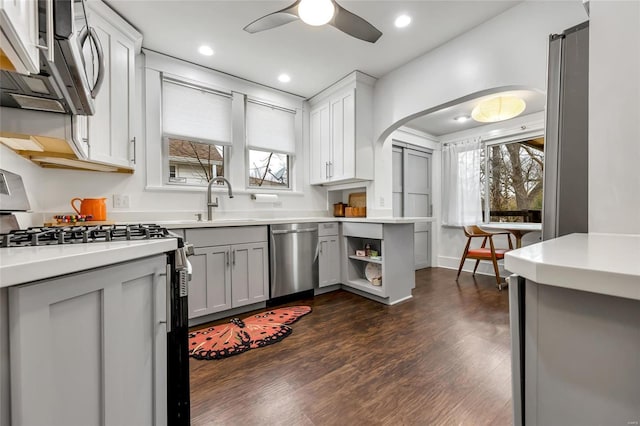 kitchen featuring appliances with stainless steel finishes, white cabinetry, sink, dark hardwood / wood-style flooring, and ceiling fan