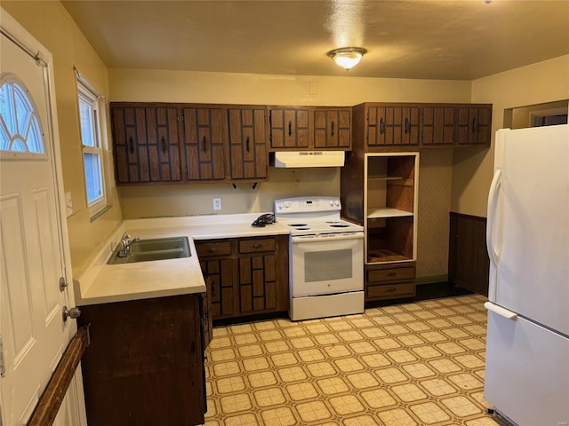 kitchen featuring white appliances, dark brown cabinetry, and sink