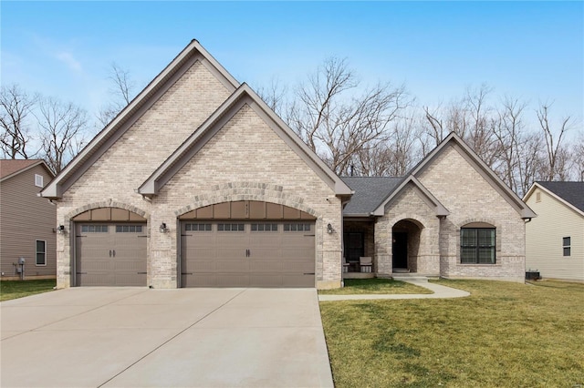 french provincial home with a garage and a front yard