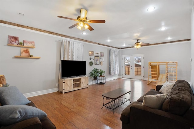 living room with ceiling fan, recessed lighting, baseboards, french doors, and wood-type flooring