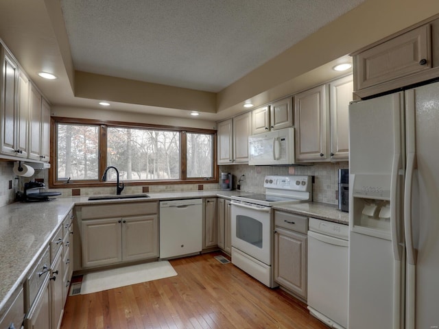 kitchen with tasteful backsplash, sink, light hardwood / wood-style floors, light stone countertops, and white appliances