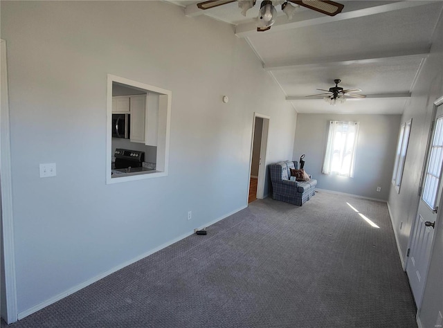 unfurnished room featuring a ceiling fan, carpet flooring, vaulted ceiling with beams, and baseboards