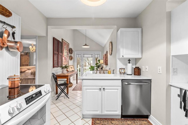 kitchen featuring white cabinetry, dishwasher, electric range oven, and pendant lighting