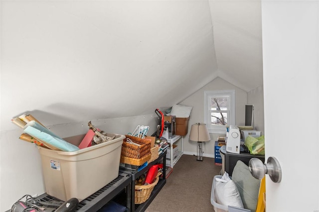 interior space with vaulted ceiling and dark carpet