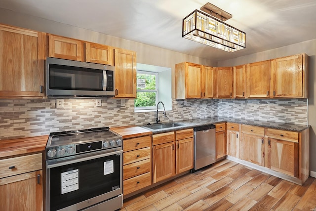 kitchen featuring stainless steel appliances, sink, backsplash, and light hardwood / wood-style floors