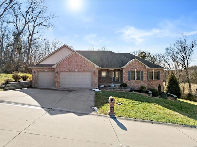 single story home with a garage and a front yard