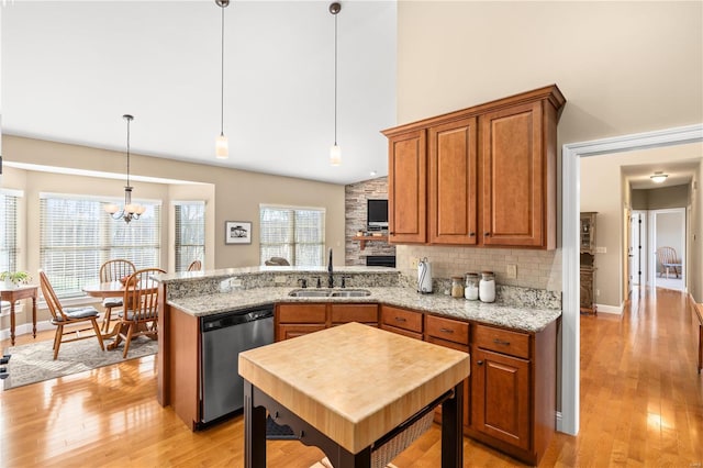 kitchen featuring sink, hanging light fixtures, light stone counters, decorative backsplash, and stainless steel dishwasher