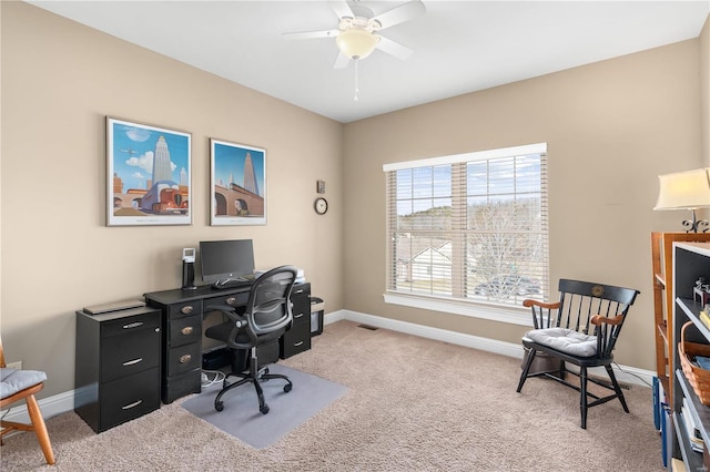 office area featuring ceiling fan and carpet flooring