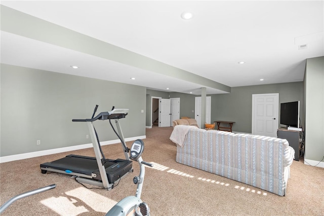 workout area with light colored carpet