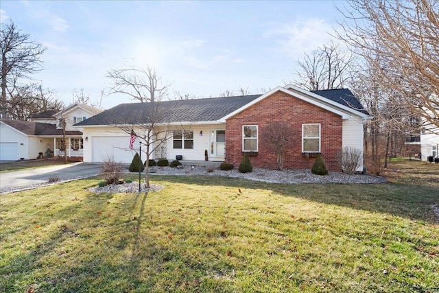 ranch-style home with a garage, brick siding, concrete driveway, and a front lawn