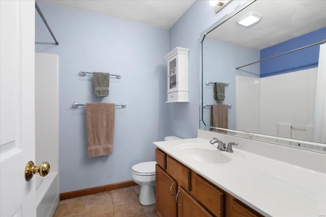 bathroom with tile patterned flooring, toilet, vanity, and baseboards