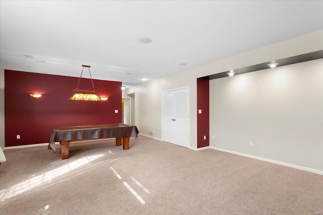 rec room with billiards, baseboards, and carpet floors