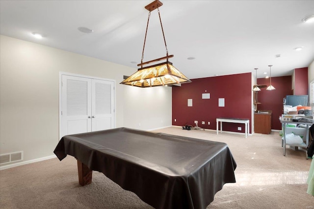 game room featuring visible vents, carpet flooring, pool table, and baseboards