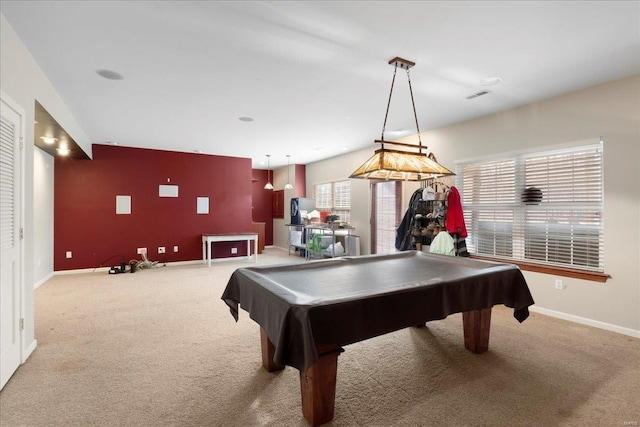 recreation room with visible vents, carpet floors, and baseboards