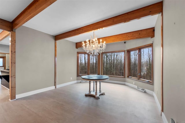 unfurnished dining area with beamed ceiling and a chandelier