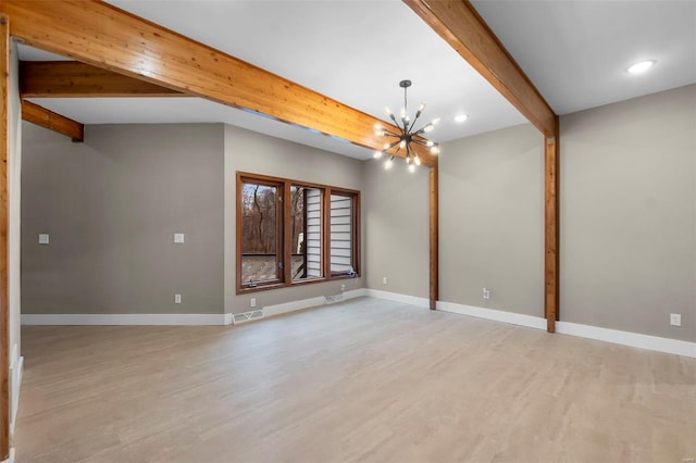 unfurnished room featuring beamed ceiling, a chandelier, and light wood-type flooring