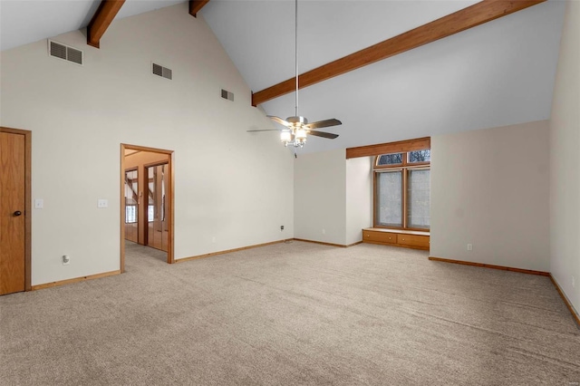 unfurnished living room featuring ceiling fan, high vaulted ceiling, light carpet, and beam ceiling