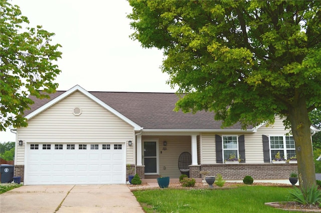 single story home with a garage and a front yard