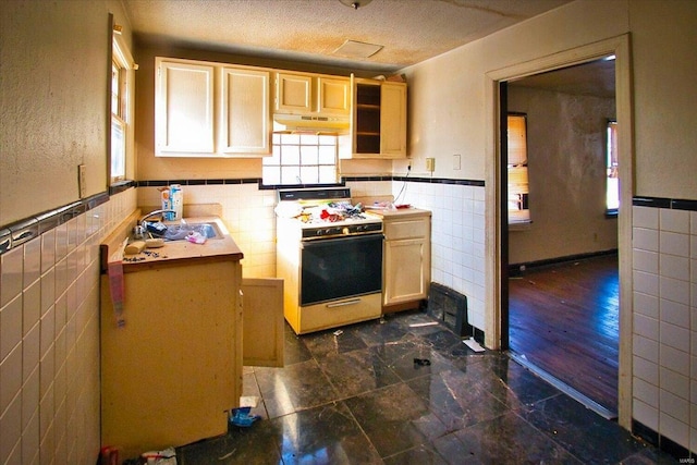 kitchen featuring tile walls, sink, gas range, and light brown cabinets