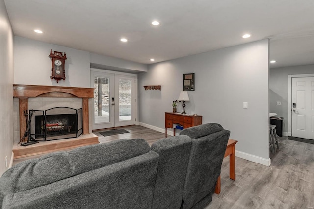 living room featuring wood-type flooring and french doors