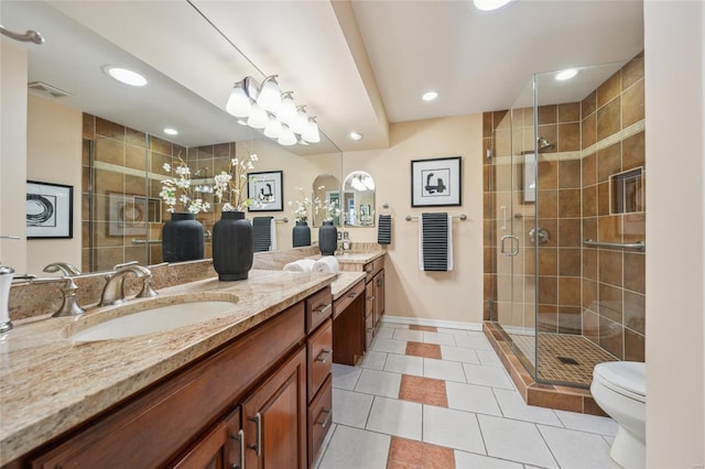 full bath featuring visible vents, toilet, a stall shower, a sink, and tile patterned flooring