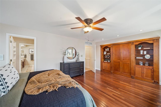 bedroom with recessed lighting, visible vents, a ceiling fan, and dark wood-style flooring