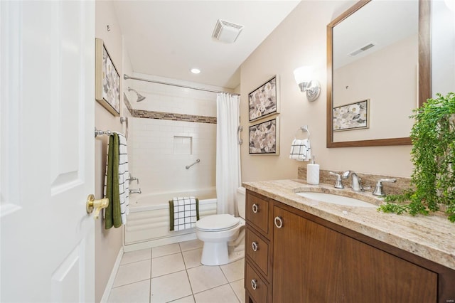 bathroom featuring vanity, visible vents, tile patterned flooring, shower / bath combo with shower curtain, and toilet