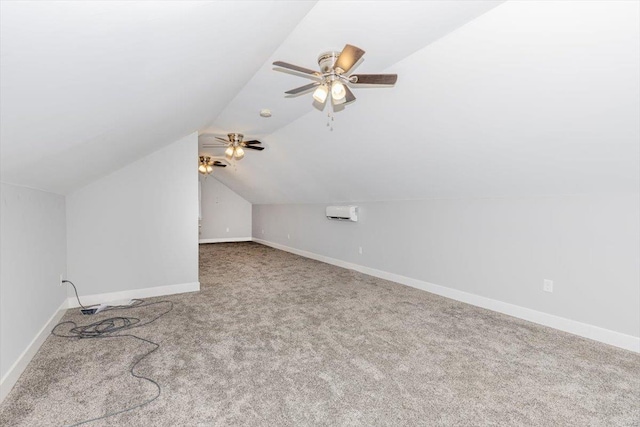 bonus room with vaulted ceiling, light carpet, and ceiling fan