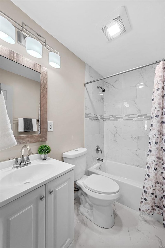 full bathroom with toilet, vanity, visible vents, marble finish floor, and shower / bath combo with shower curtain