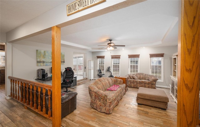 living room featuring a raised ceiling, a wealth of natural light, and light hardwood / wood-style floors