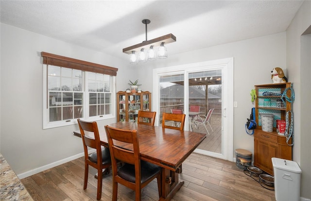 dining room with wood-type flooring and a textured ceiling